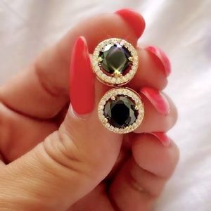 New! 18k Yellow Gold/925 Sterling Silver HUGE Black/White Zircon Halo Studs!
